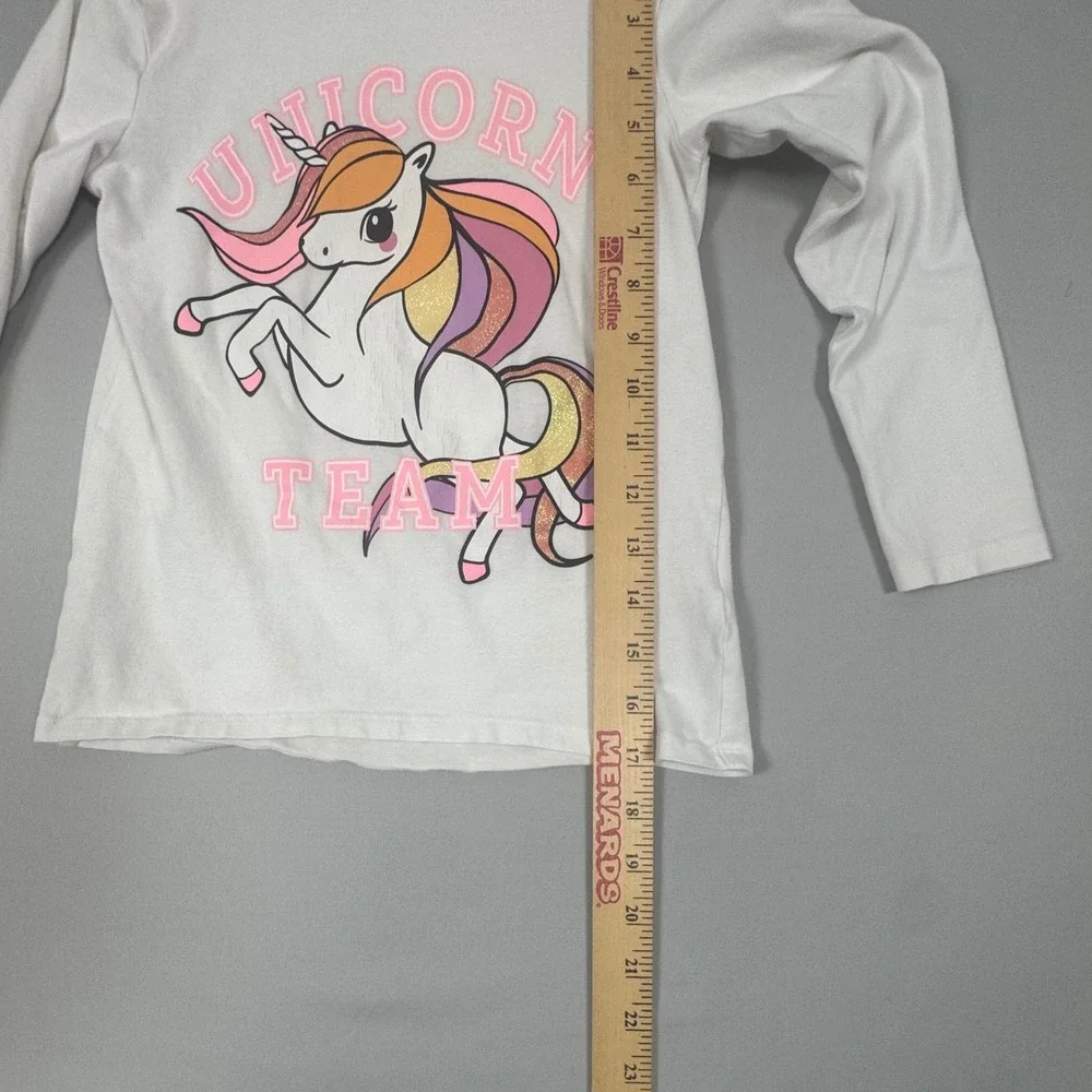 H&M Unicorn Team Graphic Tee Kids Size 6X/7 White Excellent Long Sleeve Glitter